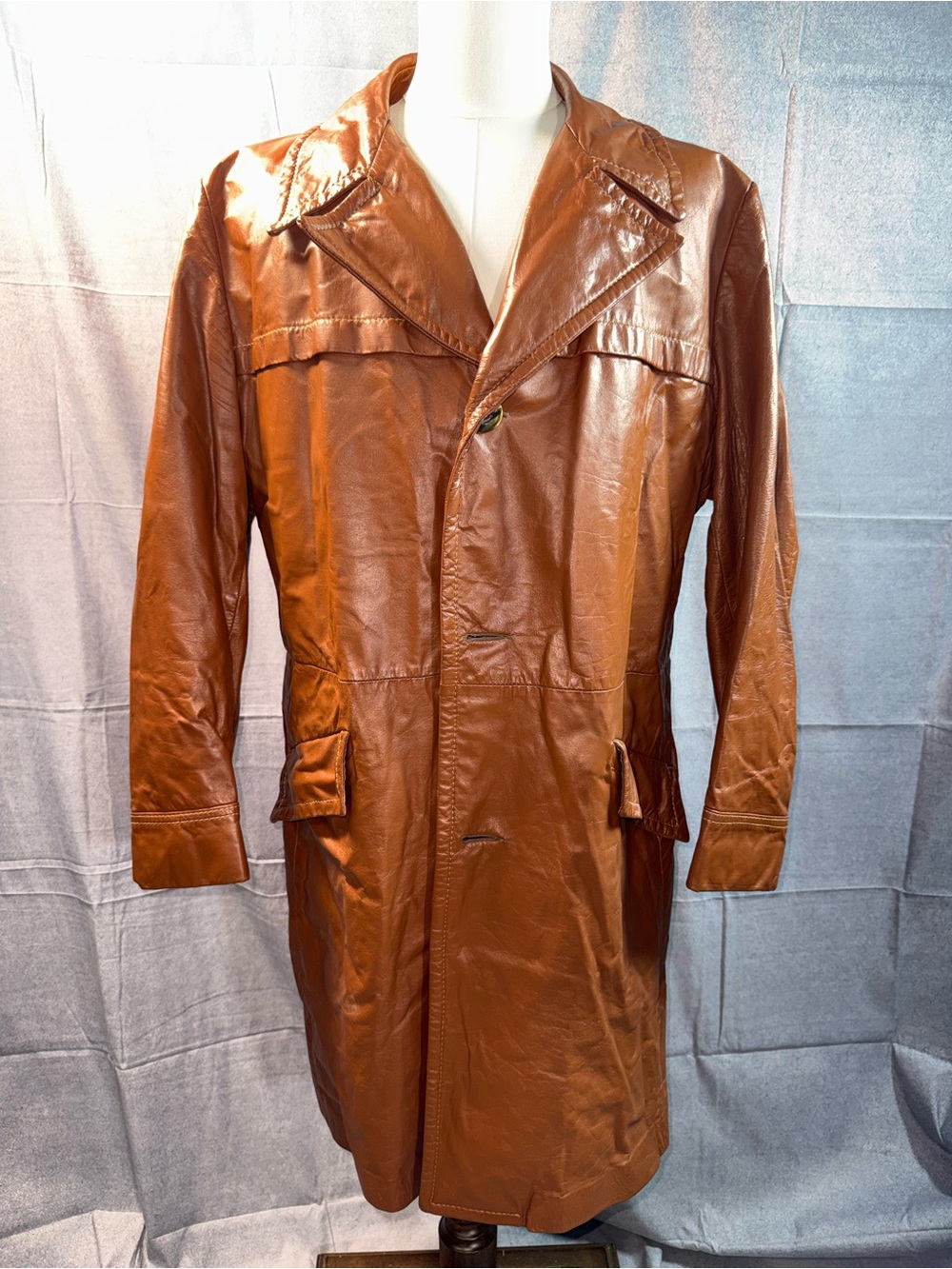 2A-Vintage Men's Cognac Leather Trench Coat - Classic Longline Outerwear